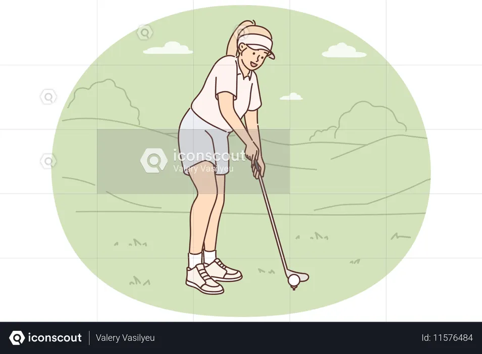 Woman playing golf on green lawn preparing to hit with club to put ball into hole  Illustration