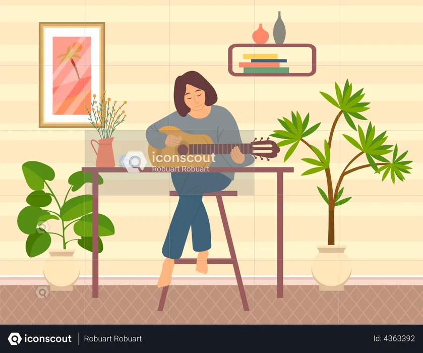Woman playing guitar at home  Illustration