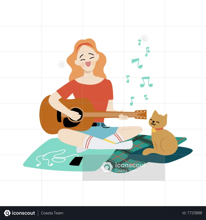 Woman Playing Guitar at home  Illustration