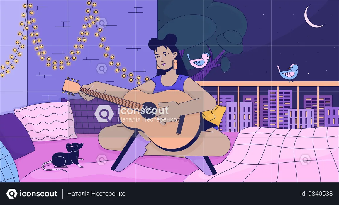 Woman playing guitar on balcony at night  Illustration