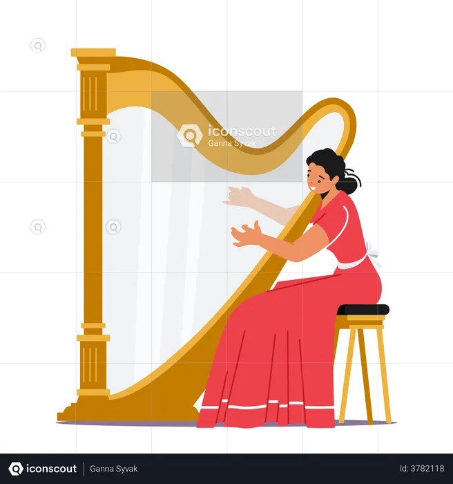 Woman Playing Harp  Illustration