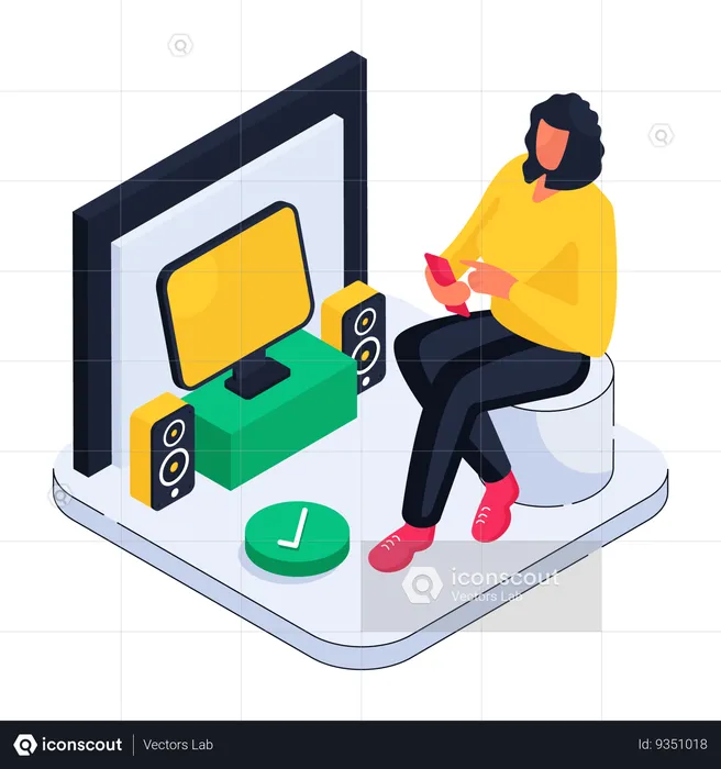 Woman playing music in home theater  Illustration