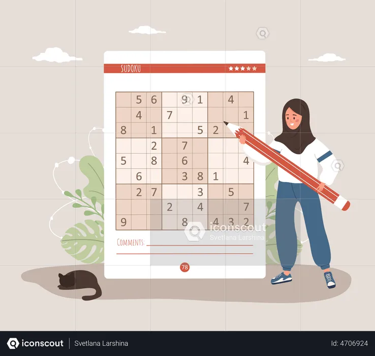 Woman playing Sudoku game  Illustration