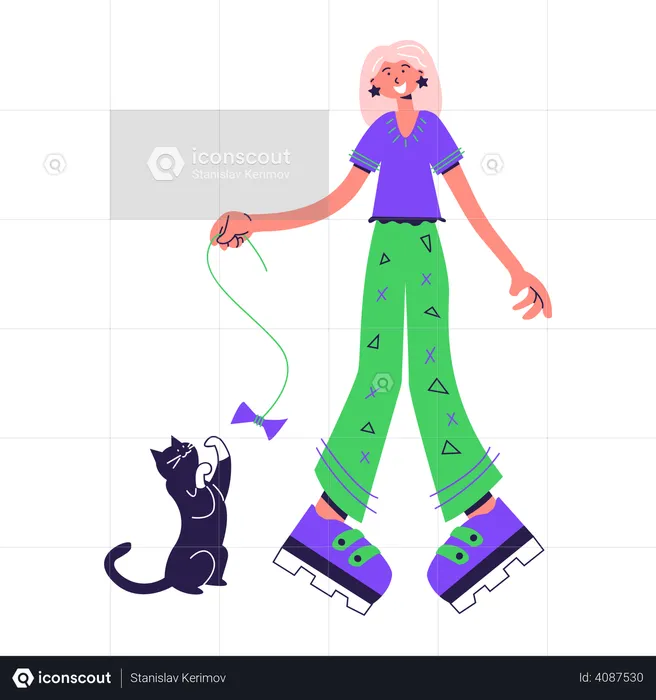 Woman playing with a cat  Illustration