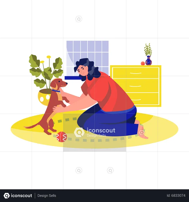 Woman playing with a dog in home  Illustration