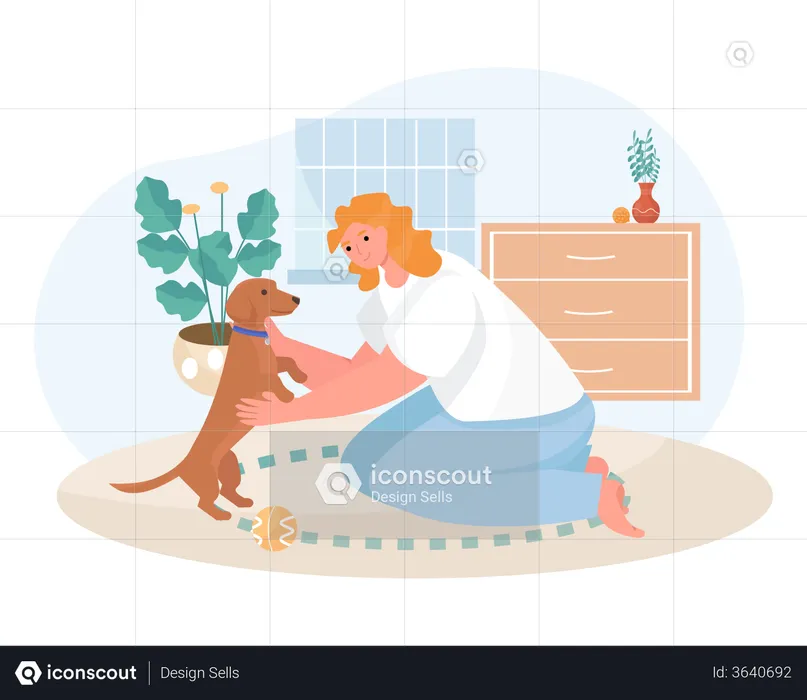 Woman playing with a dog in home  Illustration