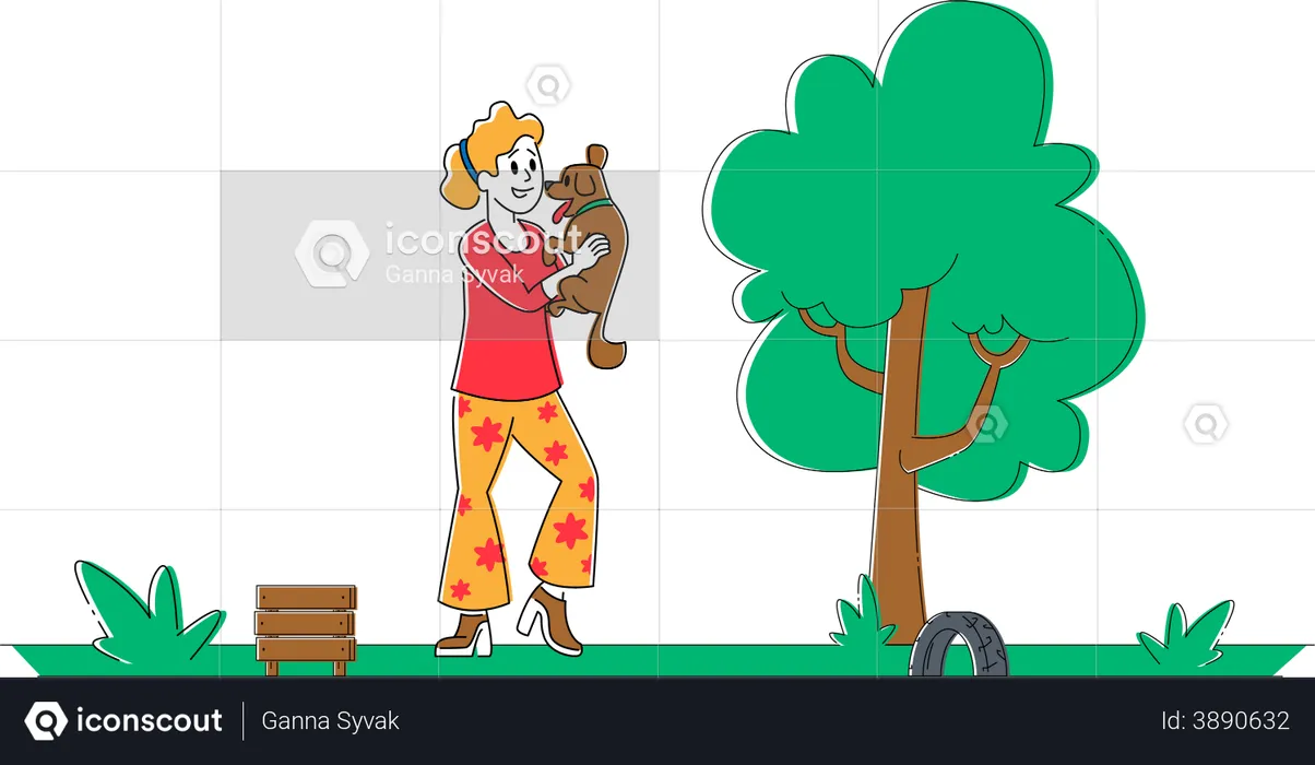 Woman Playing with Dog  Illustration