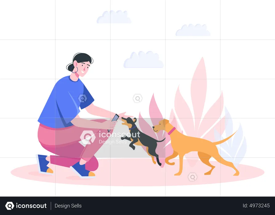 Woman playing with dogs  Illustration
