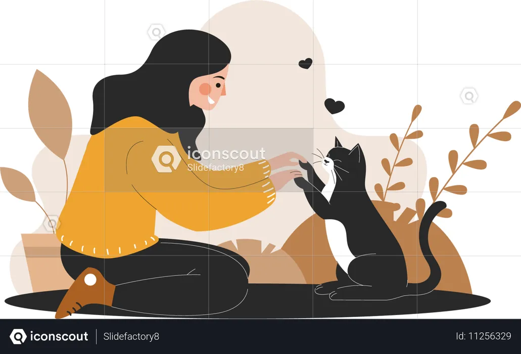 Woman Playing With Her Cat  Illustration