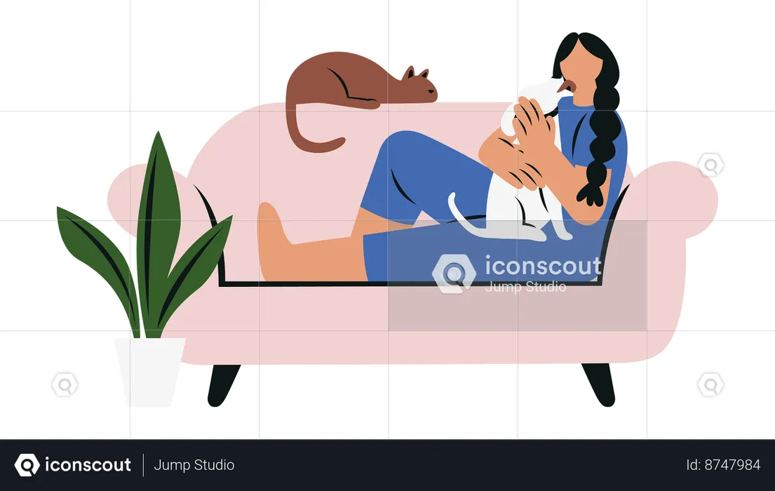 Woman Playing with Pets on Sofa  Illustration