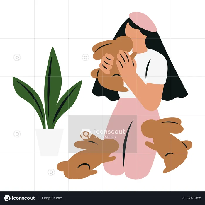 Woman Playing with Rabbits  Illustration