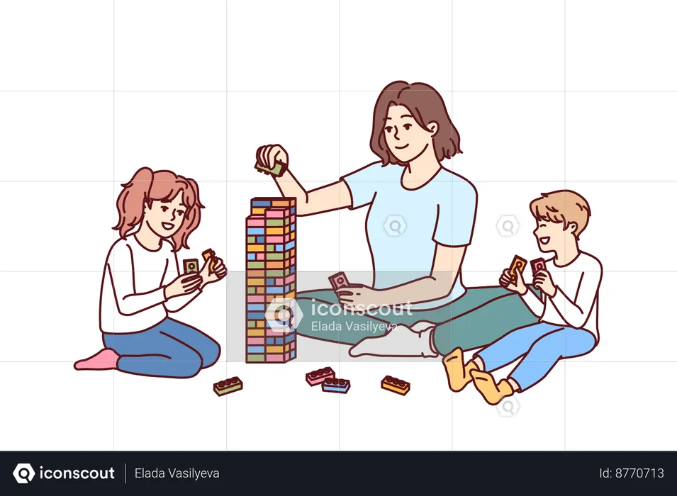 Woman plays building blocks with children  Illustration