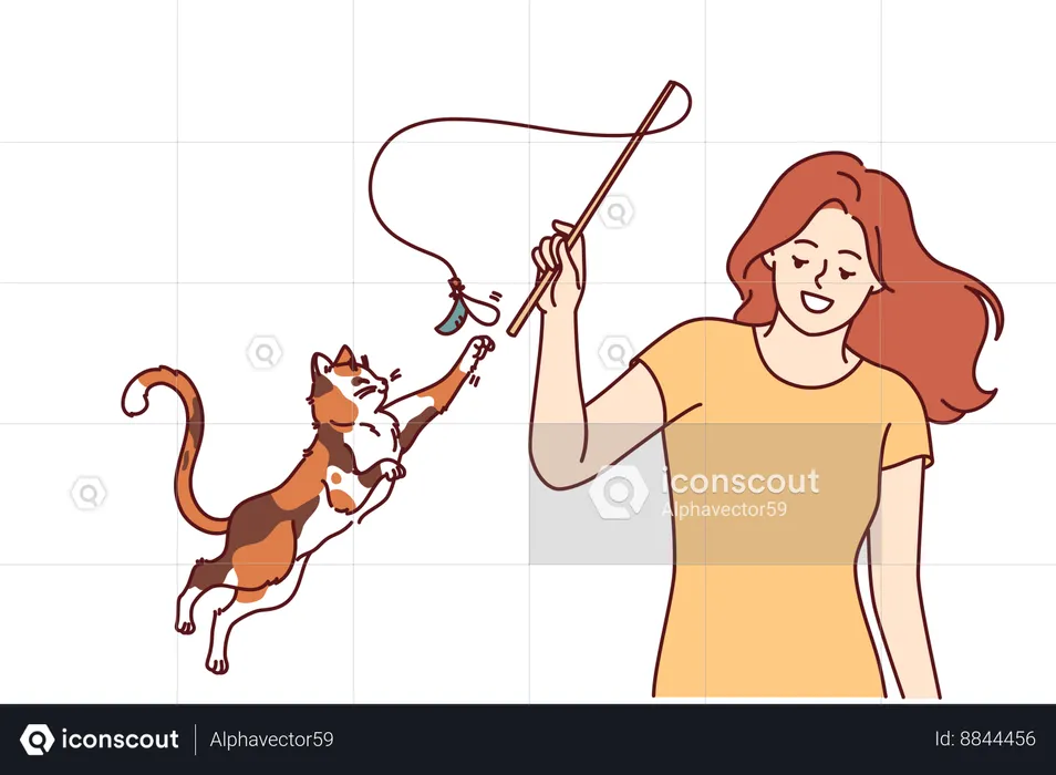 Woman plays with cat and waves bow on string  Illustration