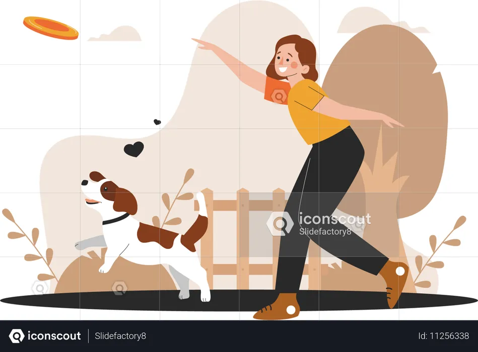 Woman plays with dog in park  Illustration