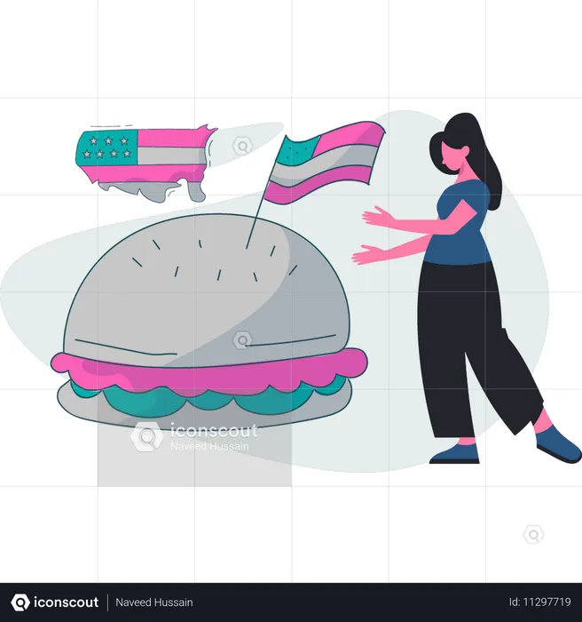 Woman pointing American food  Illustration