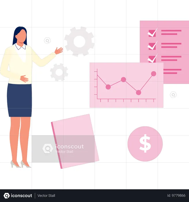 Woman pointing at analytic graphs  Illustration