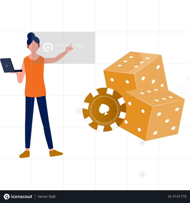 Woman pointing at dice  Illustration