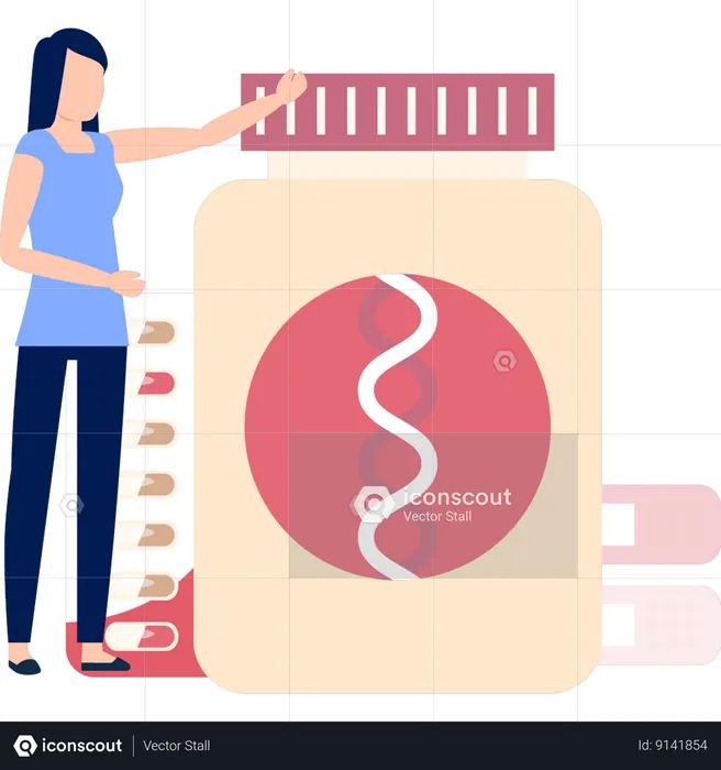 Woman Pointing At Jar Of Pills  Illustration