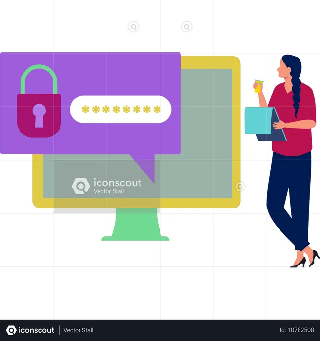 Woman pointing at locking password  Illustration