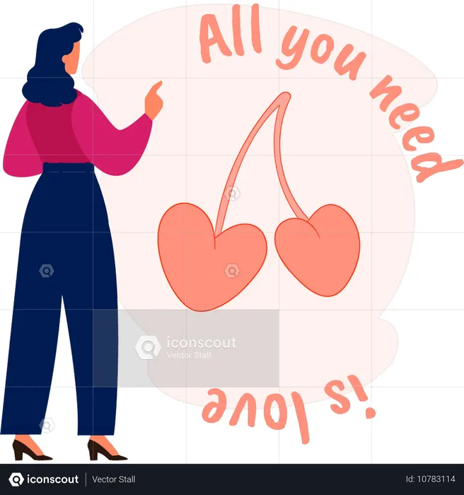Woman pointing at love cherry  Illustration