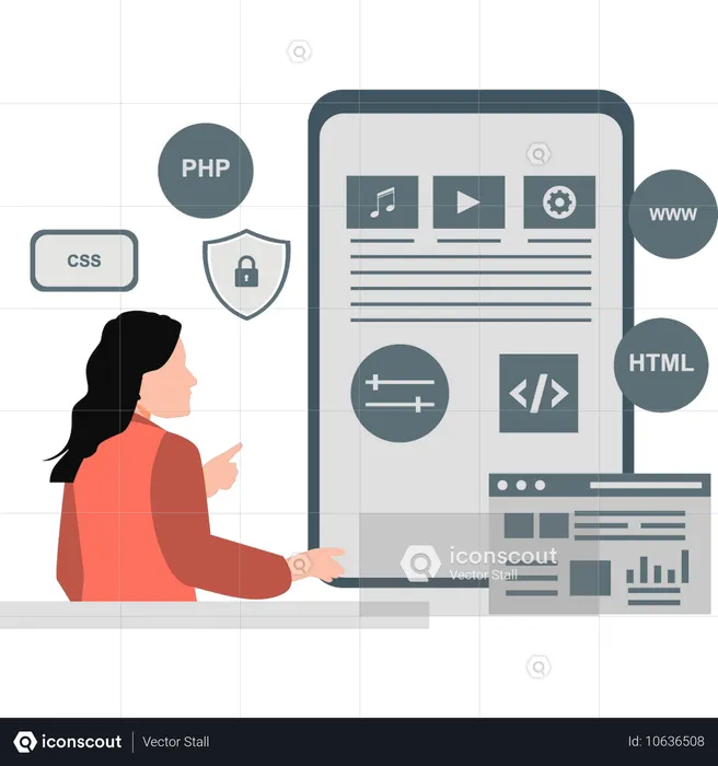 プログラミングのコーディングを指差す女性  イラスト