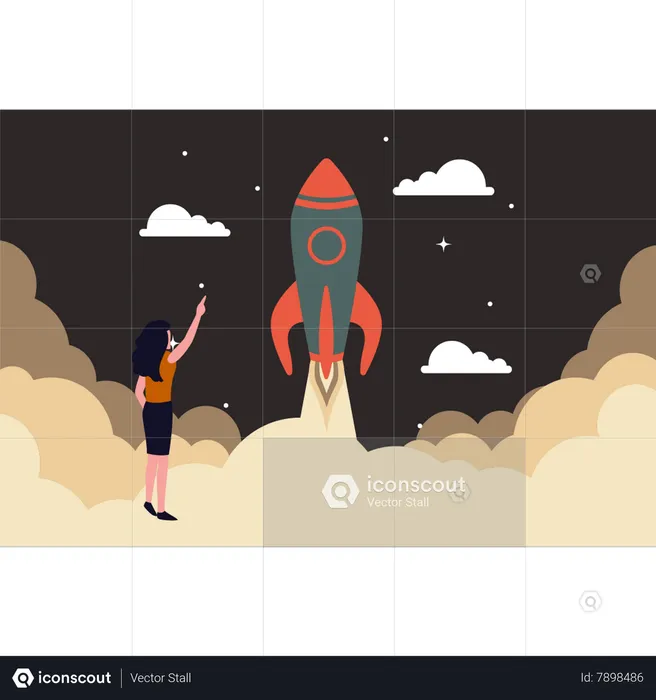 Woman pointing at rocket  Illustration