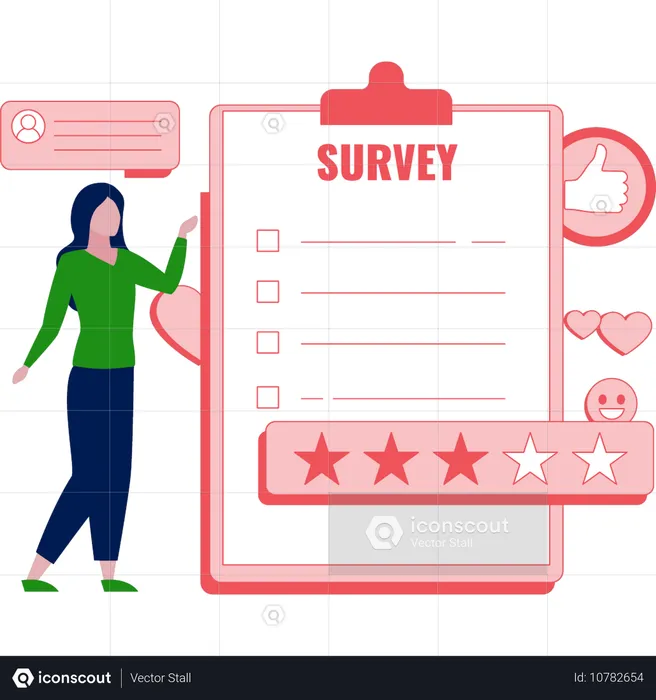 Woman pointing at survey rating and feedback  Illustration