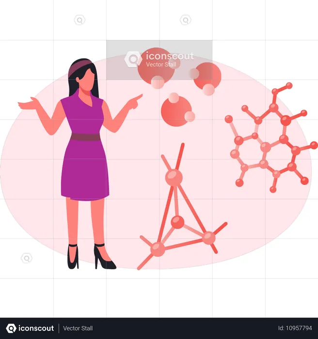 원자 분자를 가리키는 여자  일러스트레이션