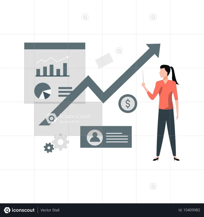 Woman pointing business graph growth  Illustration