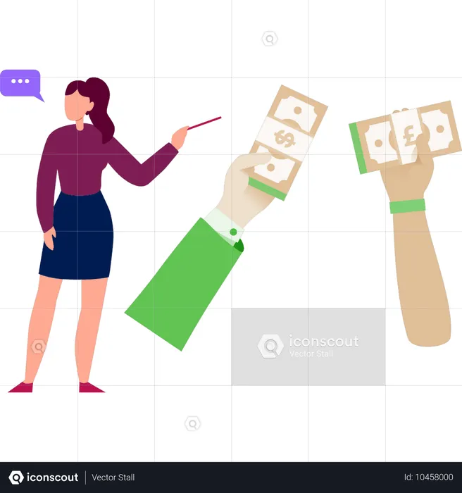 Woman pointing dollar currency  Illustration