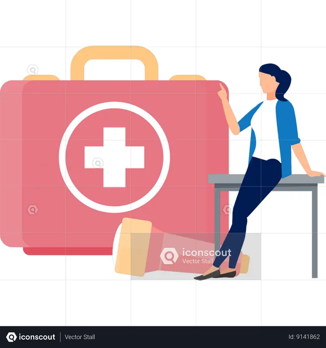 Woman Pointing Medicine Box  Illustration