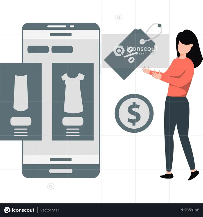 Woman pointing online discount on clothes  Illustration