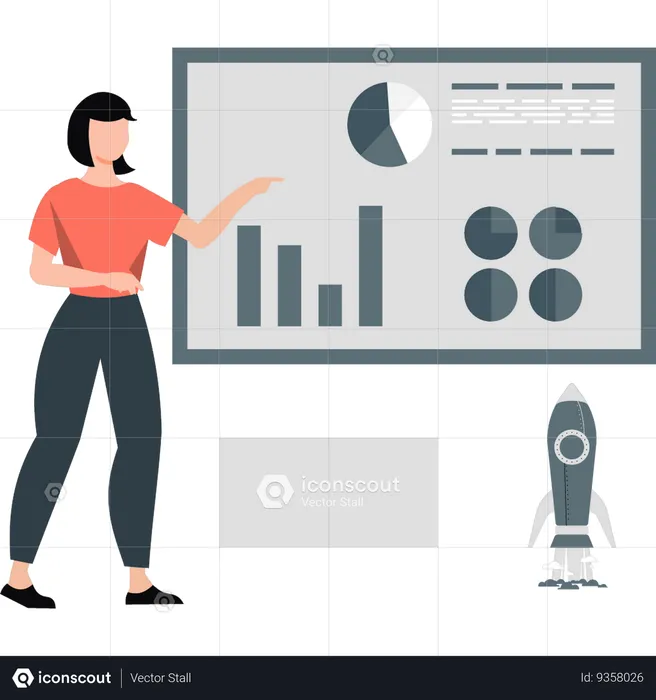 Woman  pointing pie chart  Illustration