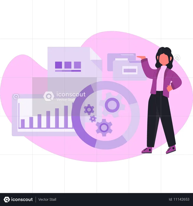 Woman pointing pie chart setting  Illustration