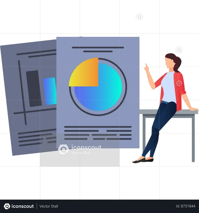 Woman pointing to business pie chart on paper  Illustration