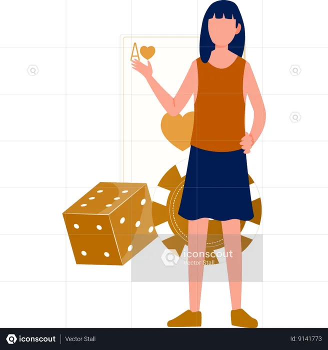 Woman pointing to dice  Illustration