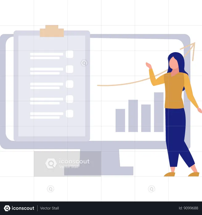 Woman pointing to document on monitor screen  Illustration