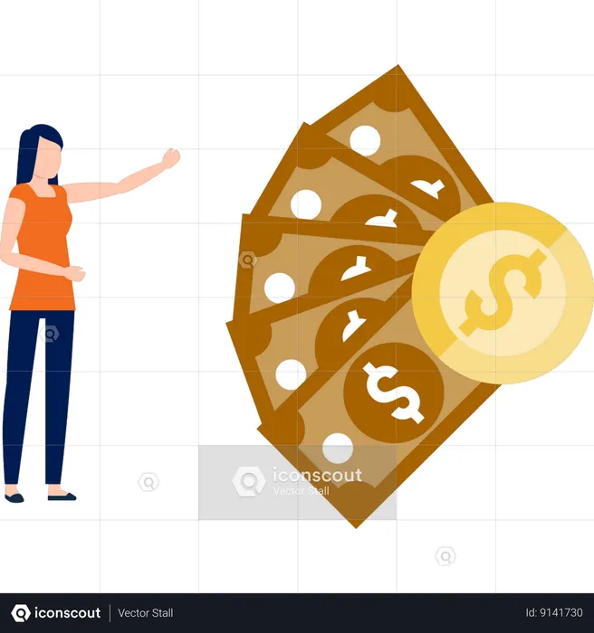 Woman pointing to dollar notes  Illustration
