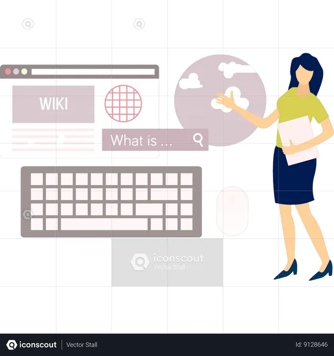 Woman pointing to encyclopedia on web page  Illustration