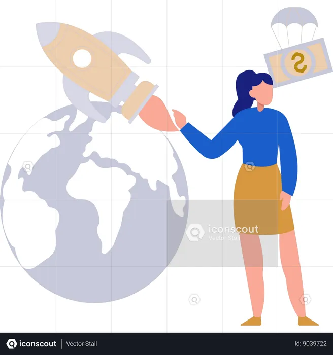 Woman pointing to global startup of business  Illustration