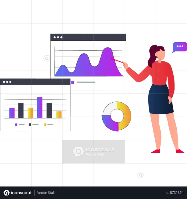 Woman pointing to graph analytics  Illustration
