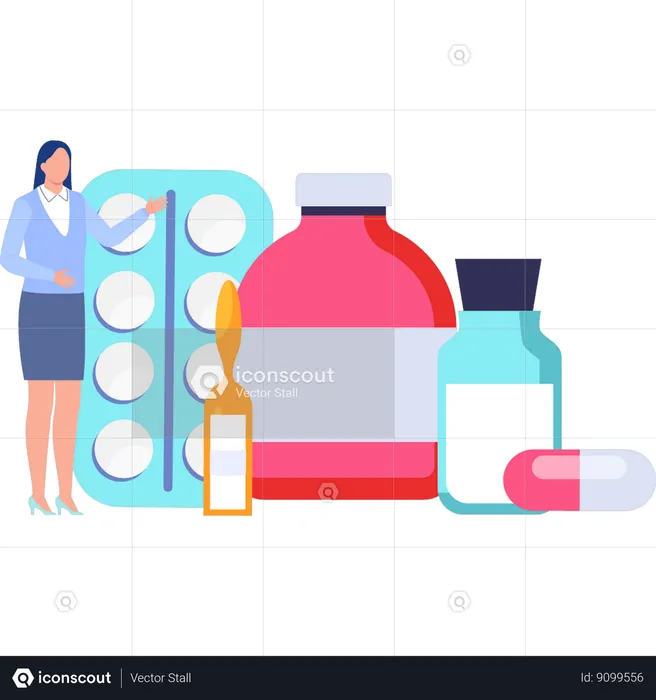 Woman pointing to  medicines  Illustration