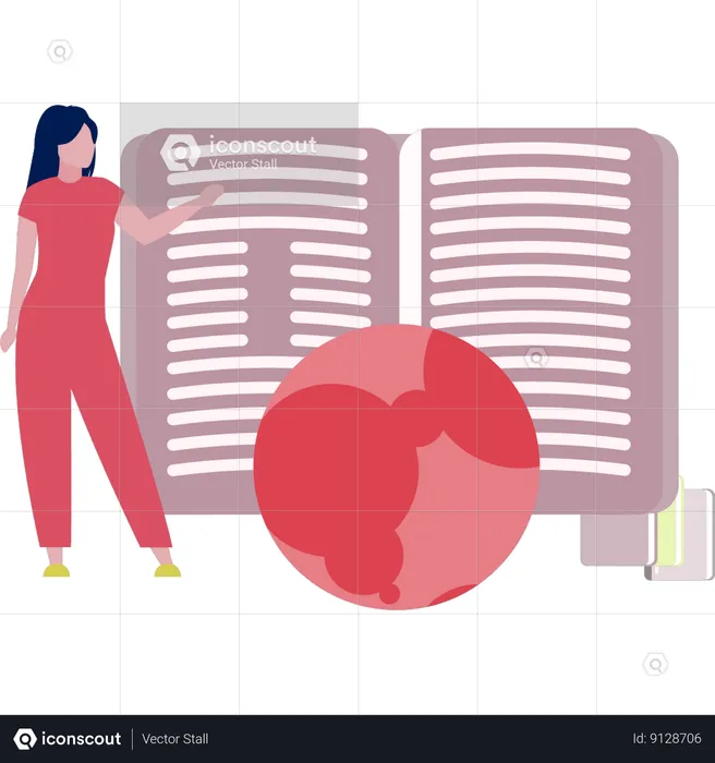 Woman pointing to open book  Illustration