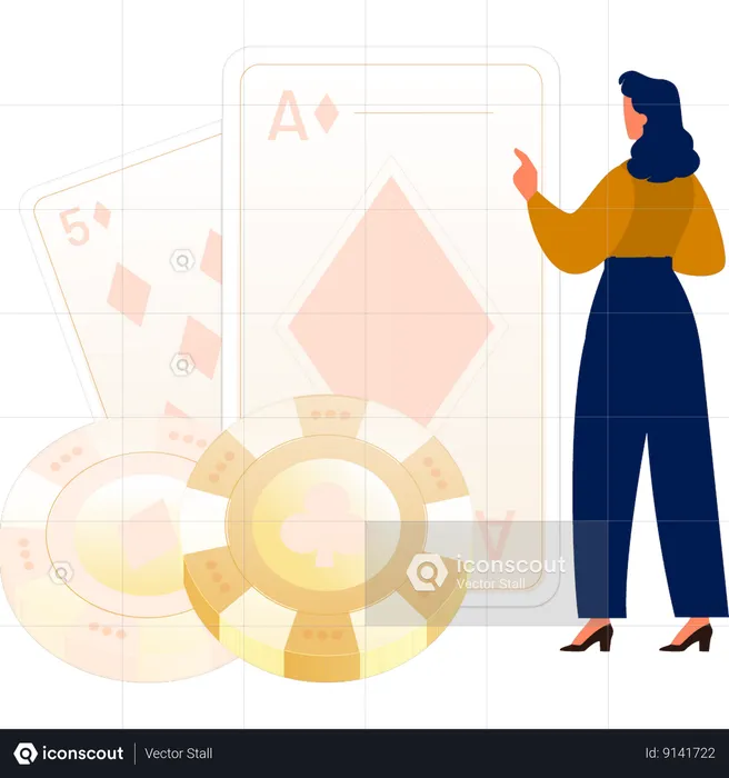 Woman pointing to poker cards  Illustration