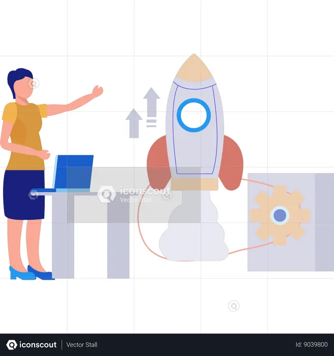 Woman pointing to rocket  Illustration