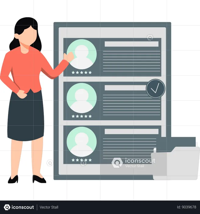 Woman pointing to star rating profiles  Illustration