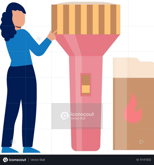 Woman Pointing To Torch Light  Illustration