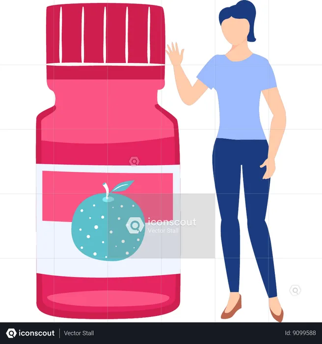 Woman pointing to vitamin syrup  Illustration