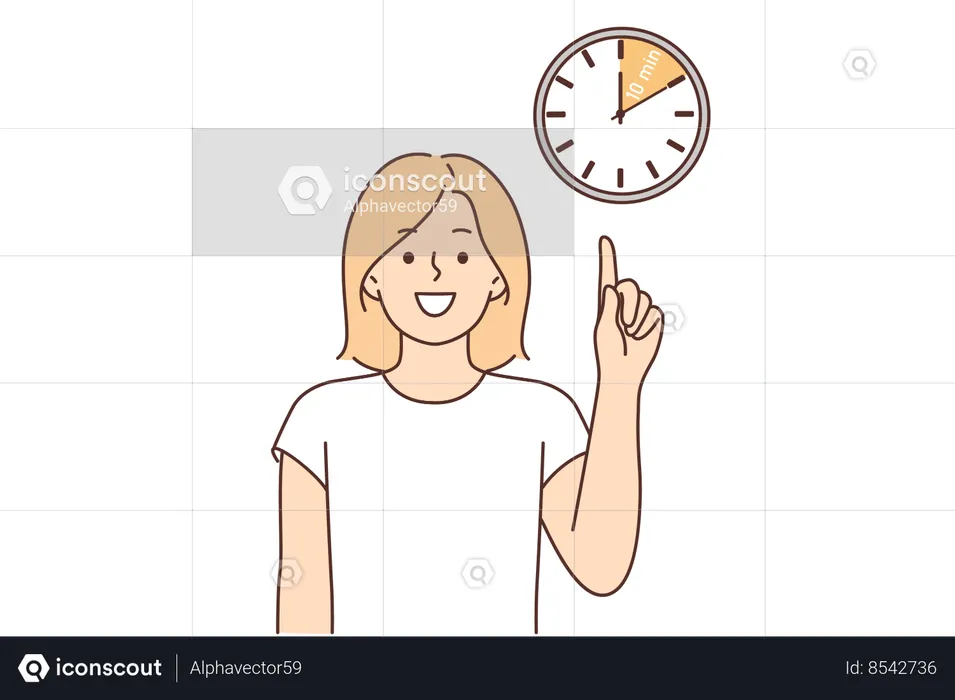 Woman points finger at clock  Illustration