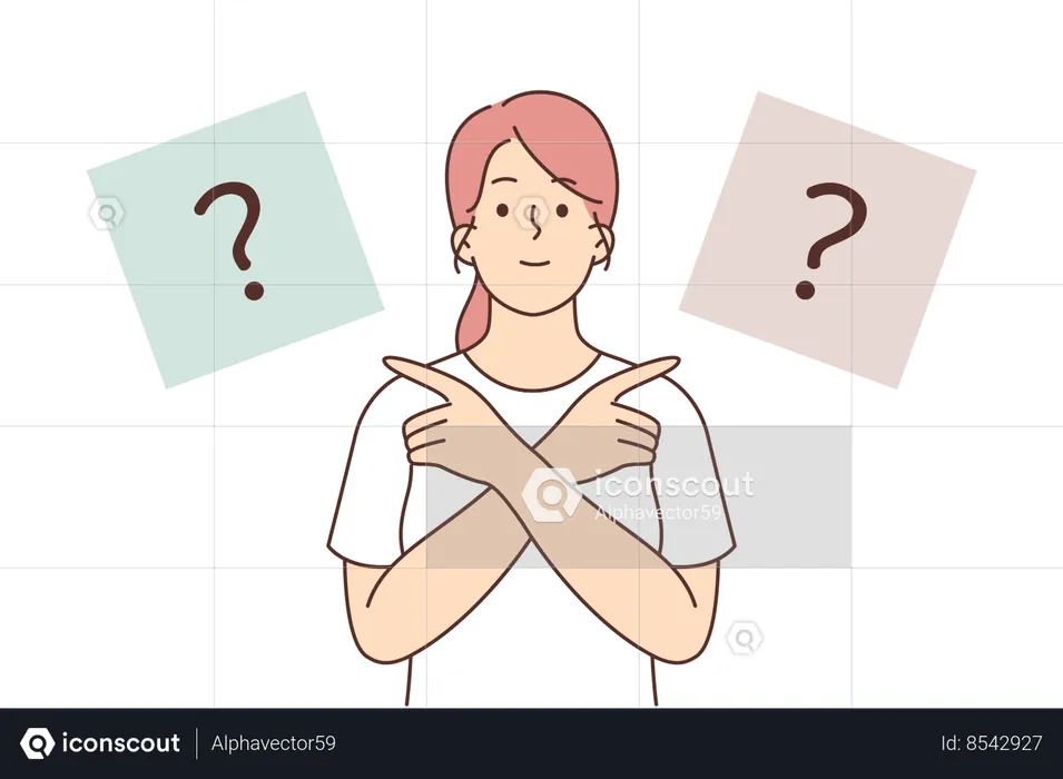 Woman points fingers in different directions trying to choose  Illustration